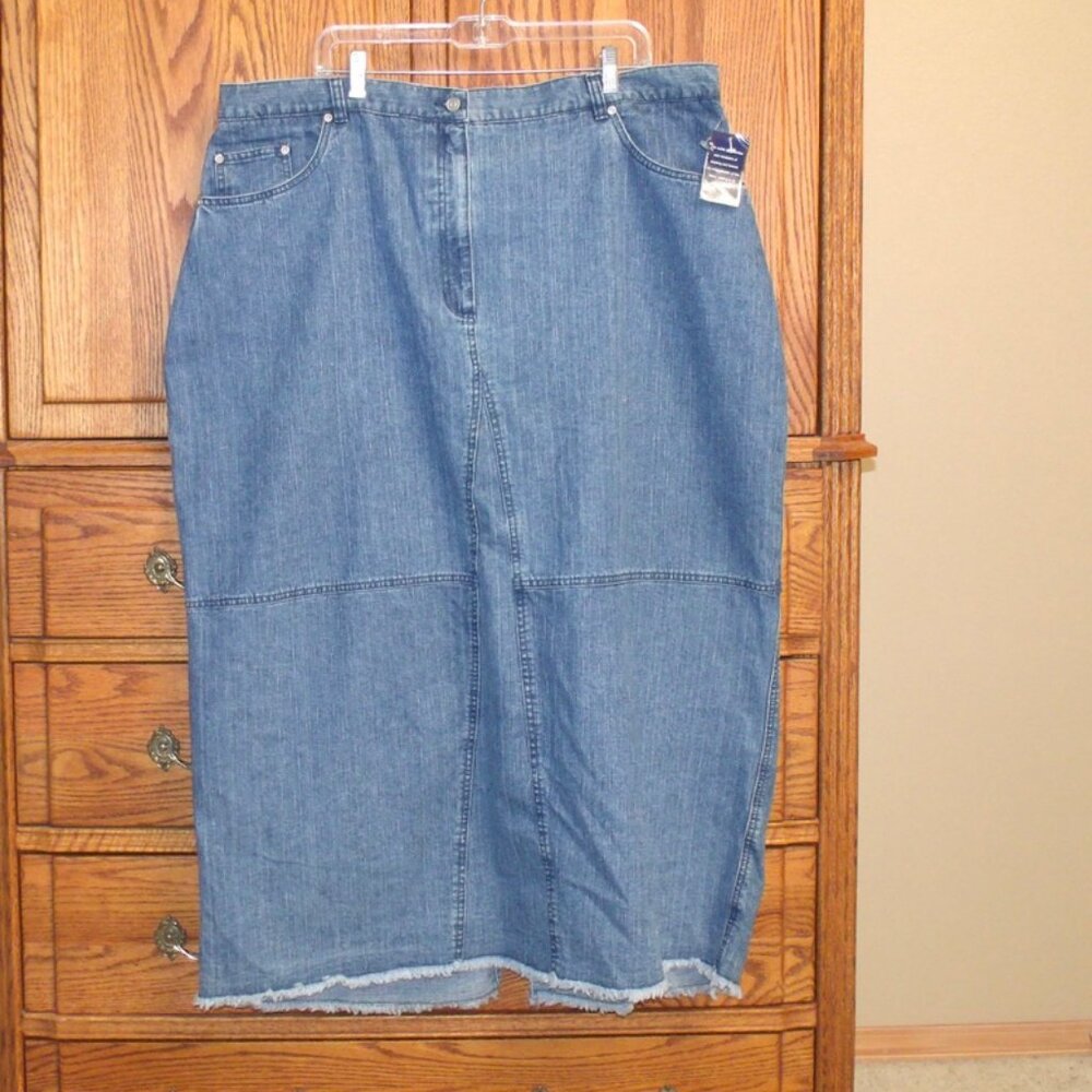TY Original Wear Denim Long Skirt Raw Hem Blue Jean Kick Pleat Plus Size 24W NWT